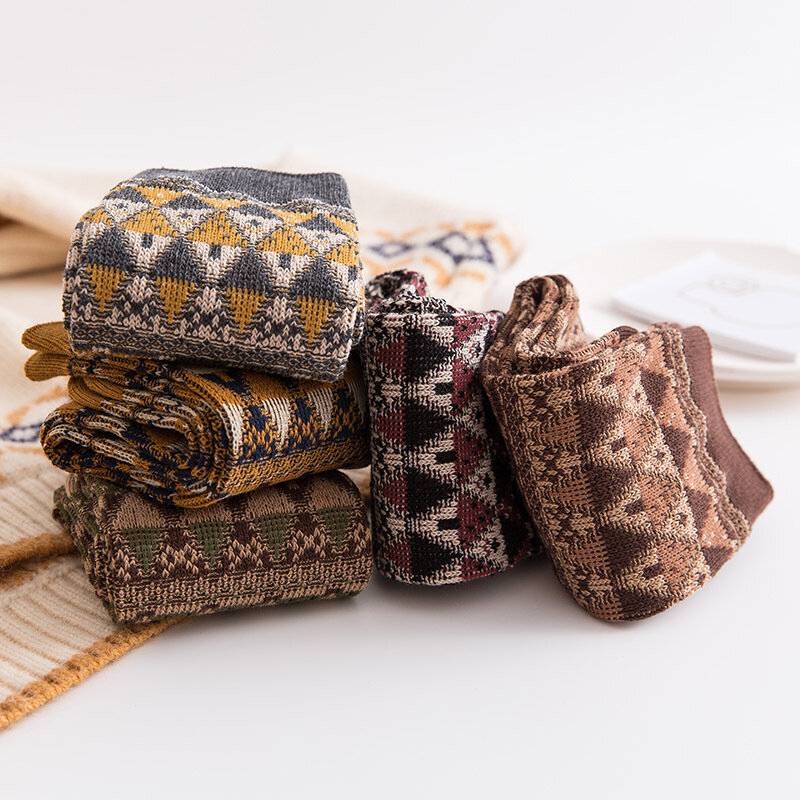 Calzini Vintage geometrici in stile nazionale calzini da donna in cotone pettinato traspirante di alta qualità per calzini caldi autunno inverno Sox