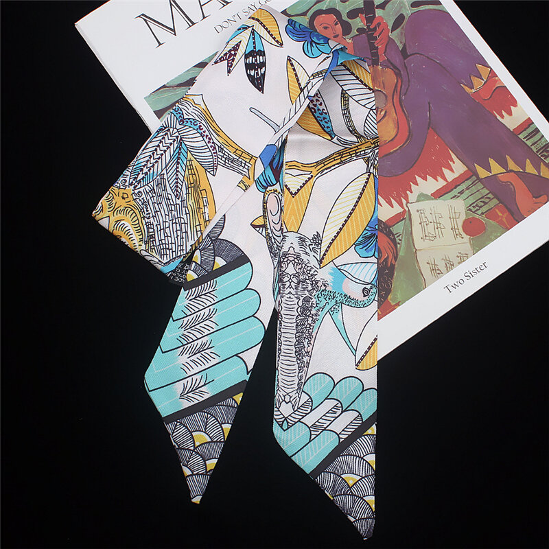 Bufanda de seda con estampado de aves para mujer, pañuelo de moda para bolso, corbata larga delgada, cinta para el pelo, MQ11