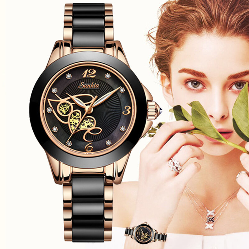 SUNKTA เพชรสายคล้องคอแฟชั่นผู้หญิงกันน้ำนาฬิกาข้อมือนาฬิกาควอตซ์หรูหรานาฬิกาผู้หญิงของขวัญ Relogio Feminino