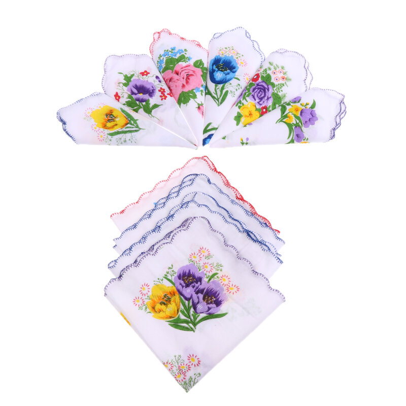 Lenços de algodão para mulheres, sortidos com borda ondulada, estampa floral, flores, lenço, festa de casamento, 10pcs