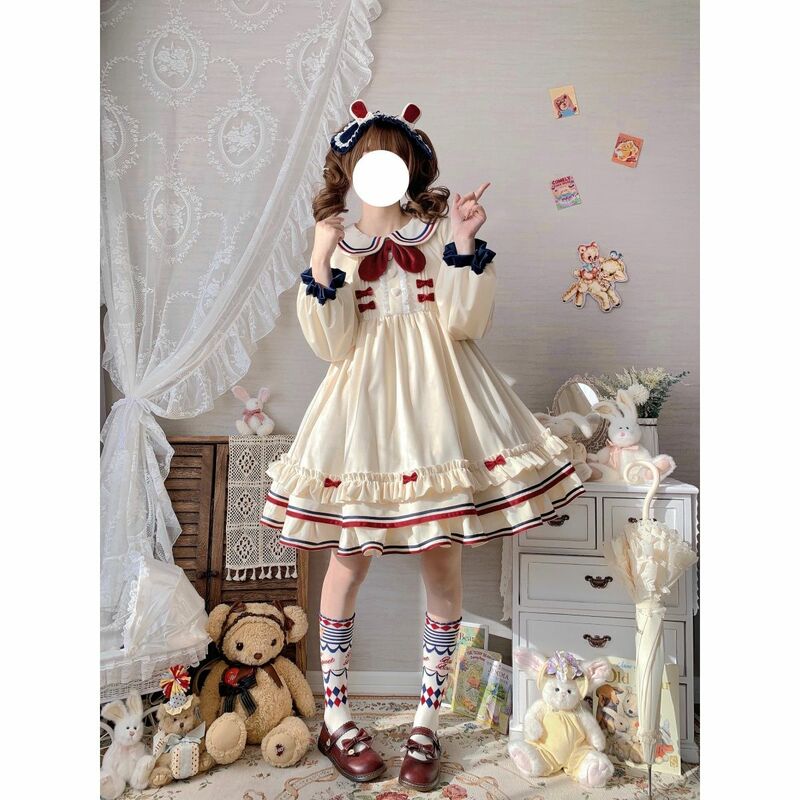 Vestido Lolita Vintage com Orelhas de Coelho para Meninas, Idade Média, Lolita Kawaii, Bordado, Harajuku, Festa do Chá, Cosplay, Doce, Outono