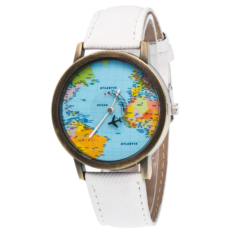 Correa de piel sintética con mapa del mundo para mujer, reloj de cuarzo con esfera redonda, analógico, Retro, Unisex, regalo