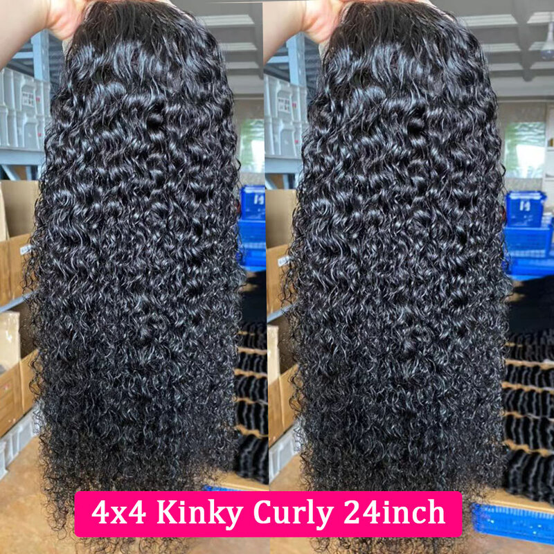 4X4 Kinky Curly ลูกไม้ปิดผมมนุษย์วิกผมบราซิล Remy 180% Curly Wave Wigs สำหรับผู้หญิงสีดำโปร่งใสวิกผมลูกไม้ด้านหน้า