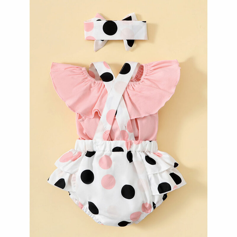 Estate rosa neonata vestiti cotone infantile tuta volant senza maniche neonato pagliaccetto a pois neonata abiti Set