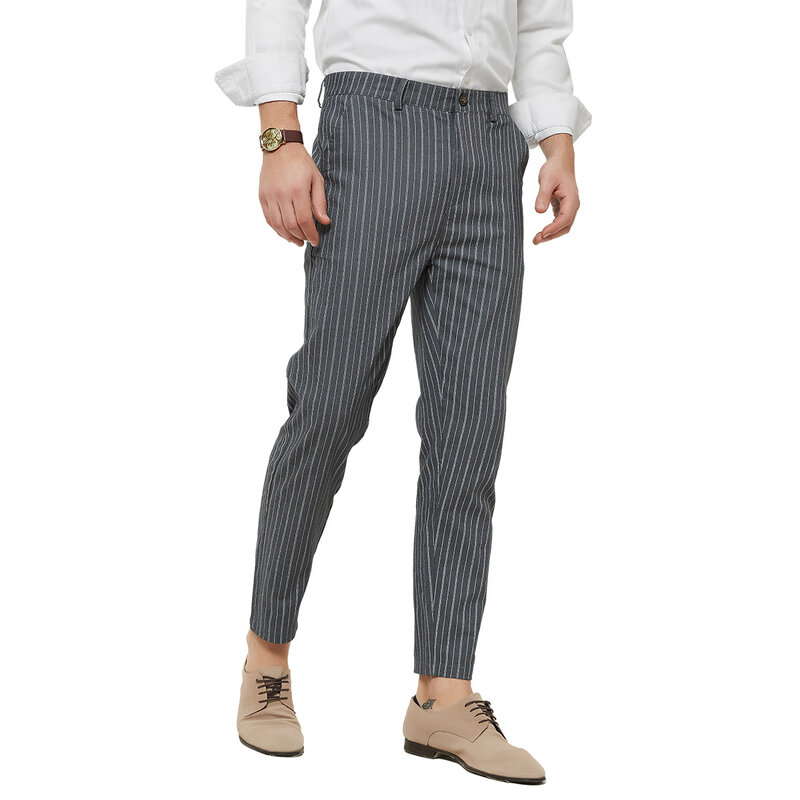 Fashion Office Man Striped Suit Pants Straight Slim Fit Pencil Pants British Style Business Casual Mens Trousers Spring Autumn