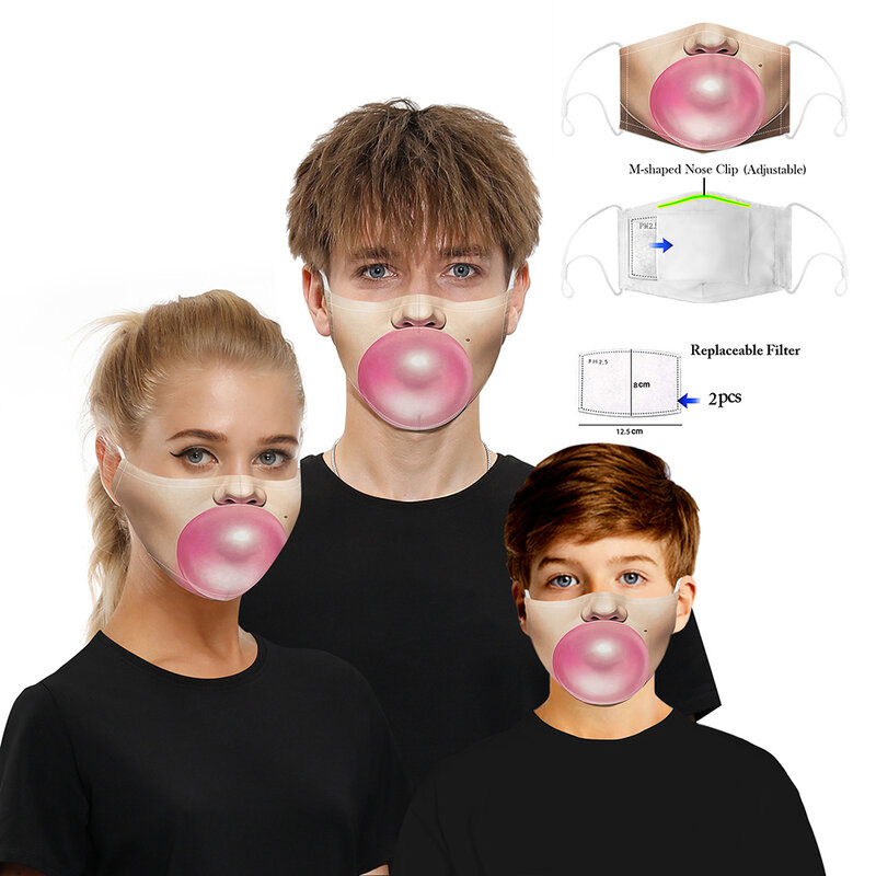 Máscaras creativas con estampado divertido con 2 filtros PM2.5 máscara bucal a prueba de polvo para adultos/niños