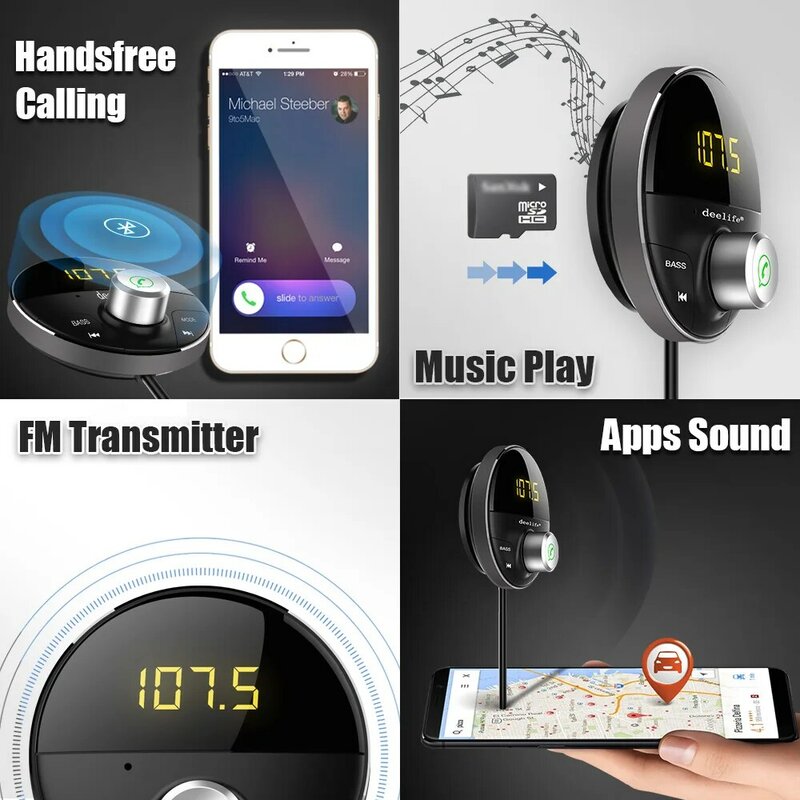 Deelife adaptor AUX Bluetooth dalam mobil, Kit Handsfree BT 5.0 penerima Audio untuk telepon otomatis bebas genggam pemancar FM