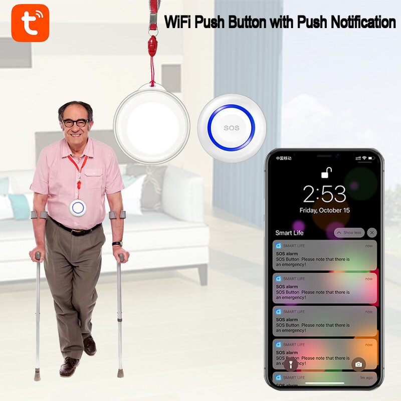 Tuya WiFi SOS Alarm Button Battery Rechargeable Elderly Emergency Panic Button Old Man Personal Self-Defense Smart Life App Push