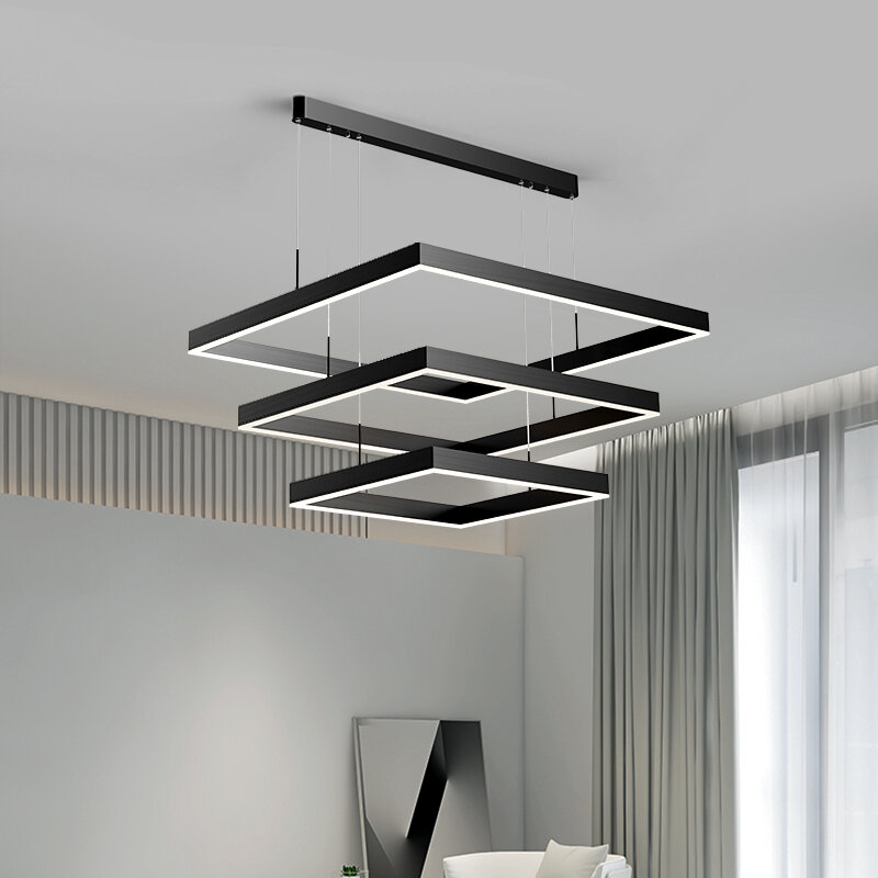 Żyrandol do salonu czarny/złoty kolor nowoczesny minimalistyczny Amosphere światła luksusowe w nowym stylu Nordic 1/2/3 pierścienie kwadratowe lampy