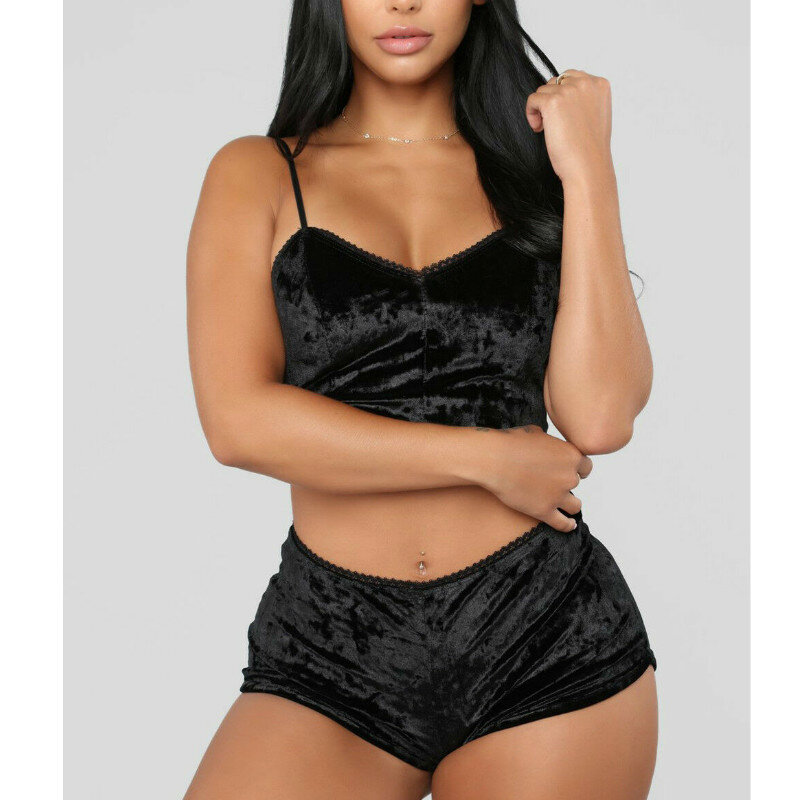 2019 Fashion Women 2pcs Velvet Sleepwear Sexy Spaghetti Strap Shorts Pajama Set Ladies Sleepwear female