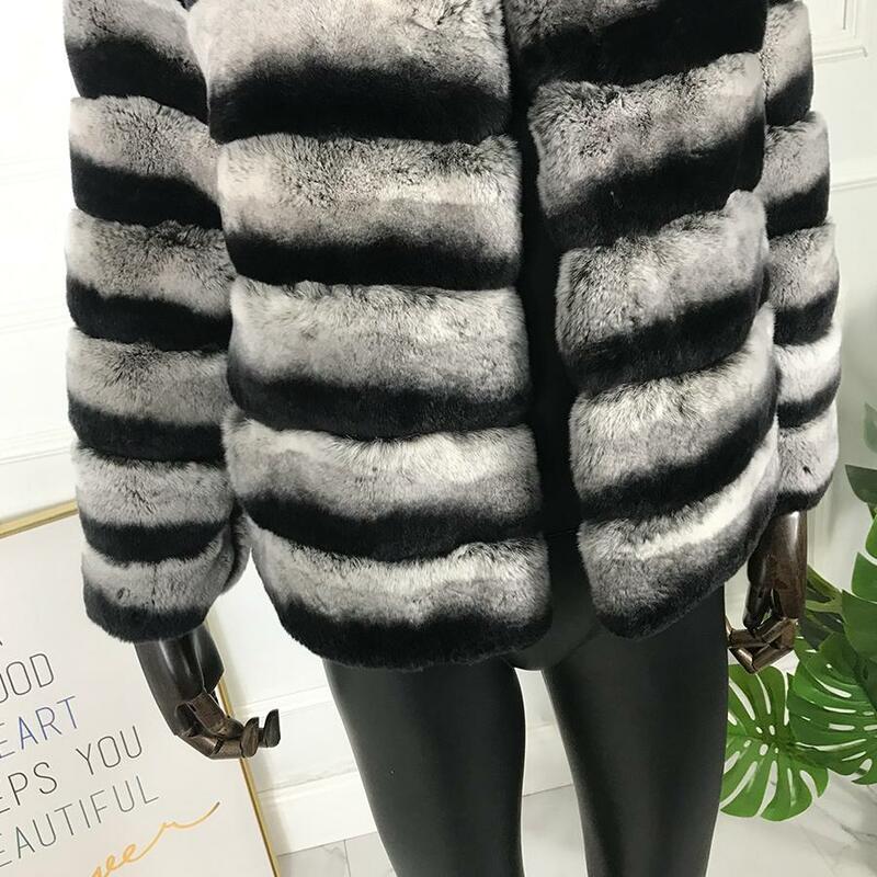 Women Fur Jacket 100% Real Rex Rabbit Fur Coat Fashion Outwear Chinchilla Color Fast Shipping