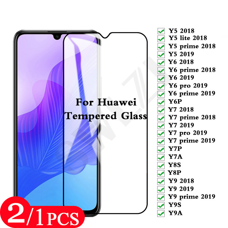2-1Pcs 9H Gehard Glas Voor Huawei Y6 2019 Y6P Y7 Pro Y7P Y7A Y8P Y8S Y9 prime Y9S Y9A Y5 Lite 2018 Telefoon Screen Protector Film