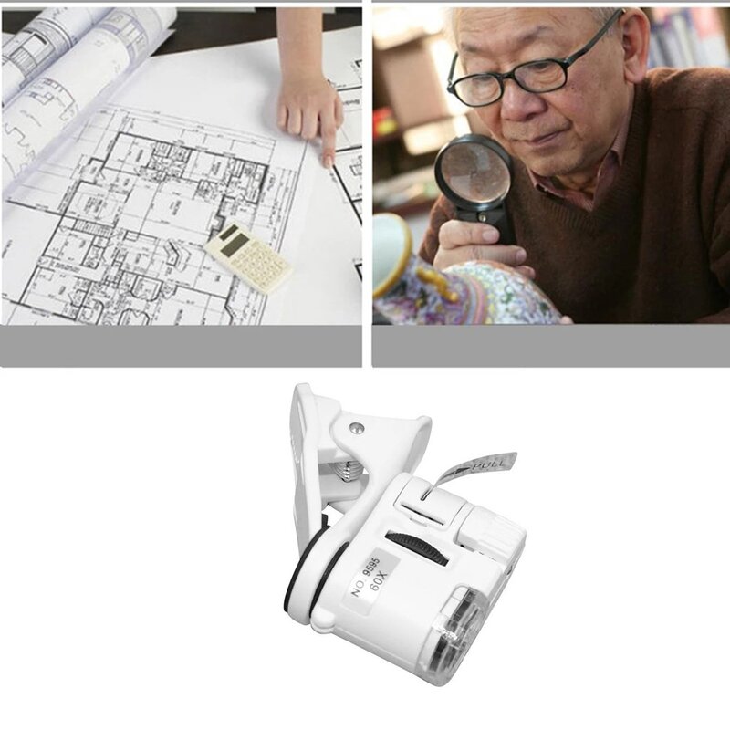 Magnifier 60X Mobile Phone Microscope Magnifier With LED Phone Universal Mobile Magnifying Glass Macro Lens Zoom Camera Clip