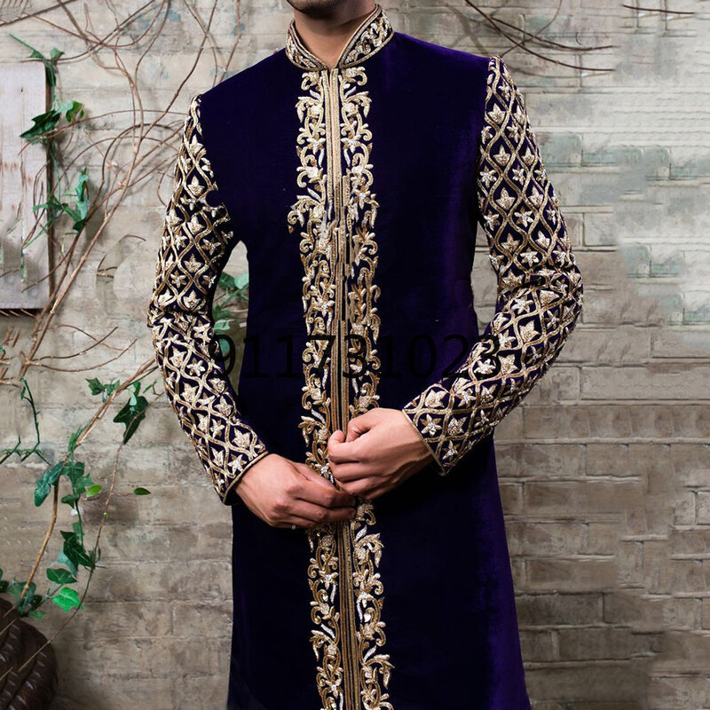 Abaya Man Muslim Fashion Pakaian Pria Arab 2022 Gaun Jubba Thobe Kaftan Kerah Tegak Print Emas Pakaian Islami Pria