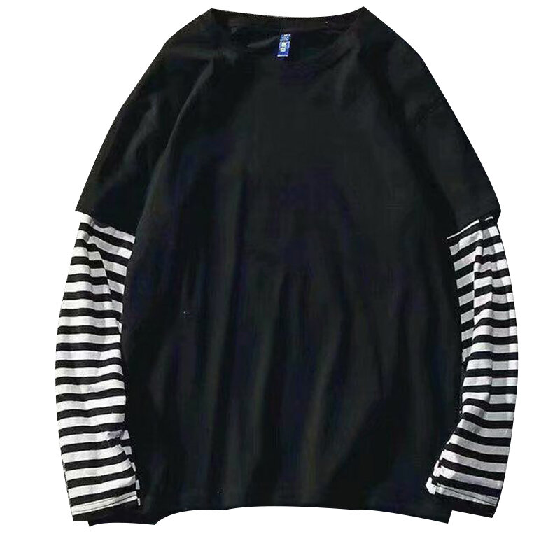 Camiseta falsa de manga comprida listrada para mulheres, camisa de assentamento de casal, combinando cores, estilo hip hop, outono, inverno, 2020
