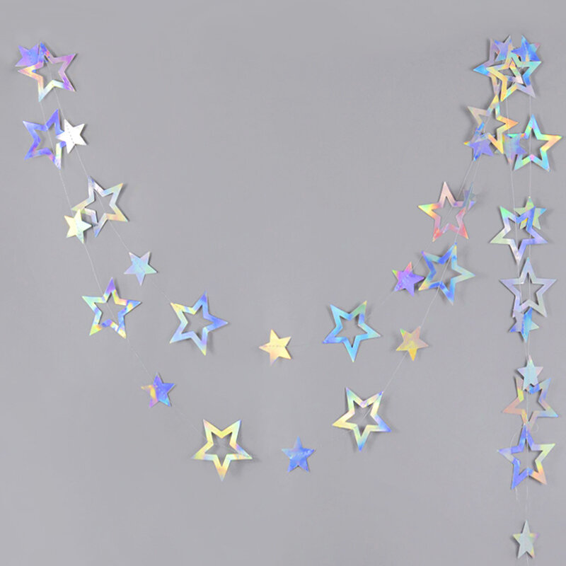 Laser Silver Paper Star Garland Banner Happy Birthday Party Decoration Girl Boy Baby Shower Wedding Christmas Wall Hanging Decor