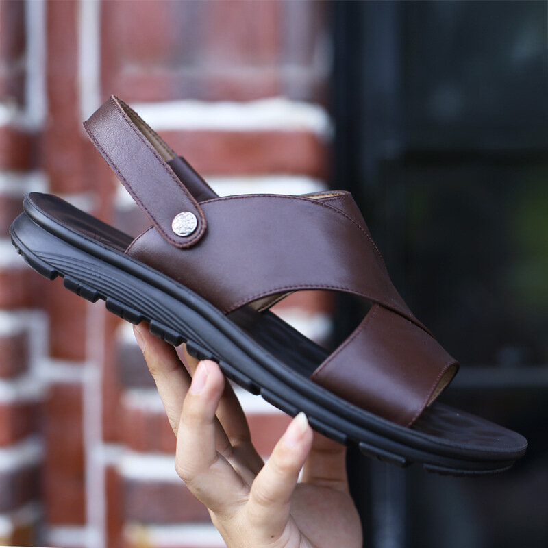 صنع العلامة التجارية الرجال الصنادل الانزلاق على بولي Leather جلدية شاطئ رجالي النعال منصة الأسود الذكور الصنادل أحذية من المطاط انخفاض الشحن f458