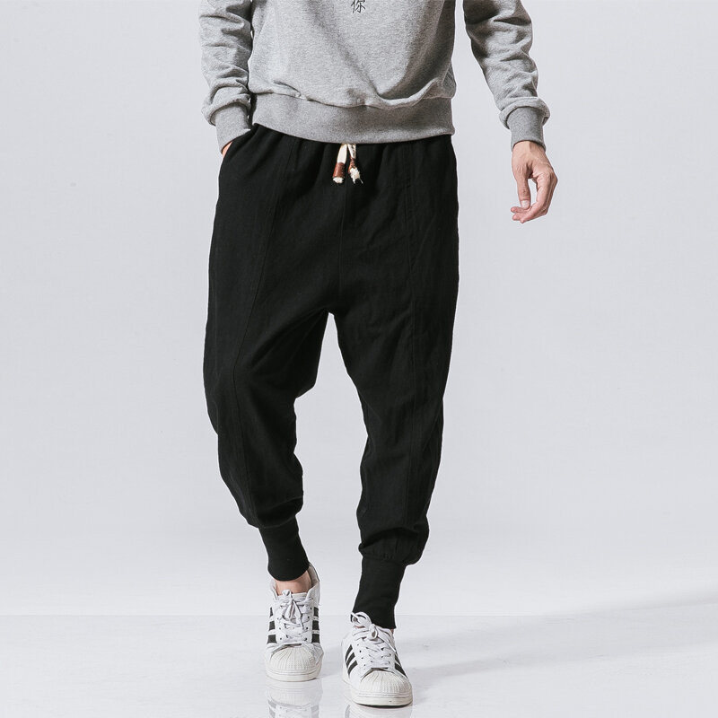 Estilo chinês harem calças masculinas streetwear casual joggers calças masculinas algodão linho moletom tornozelo-comprimento calças M-5XL