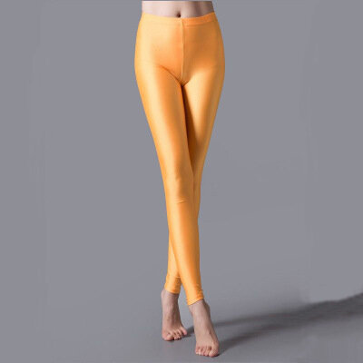 Leggings de spandex fluorescente feminina, calça casual, calça brilhante, monocromática, elástica, venda quente