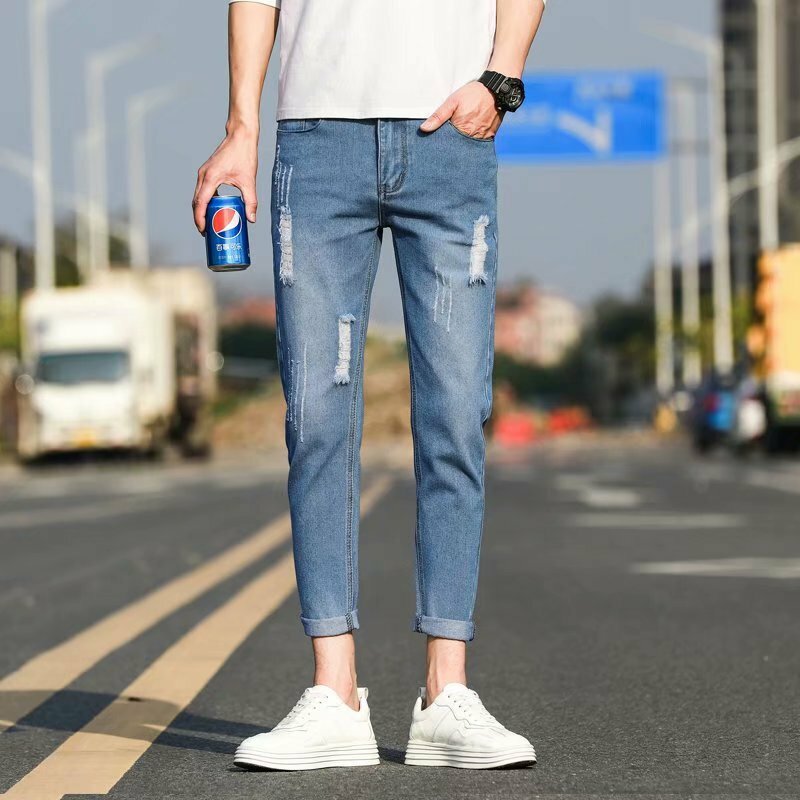 Spring Autumn 2022 Men\'s Broken Hole Hong Kong Style Trendy Jeans Korean Feet Ankle Length Pants Summer New Casual Pants