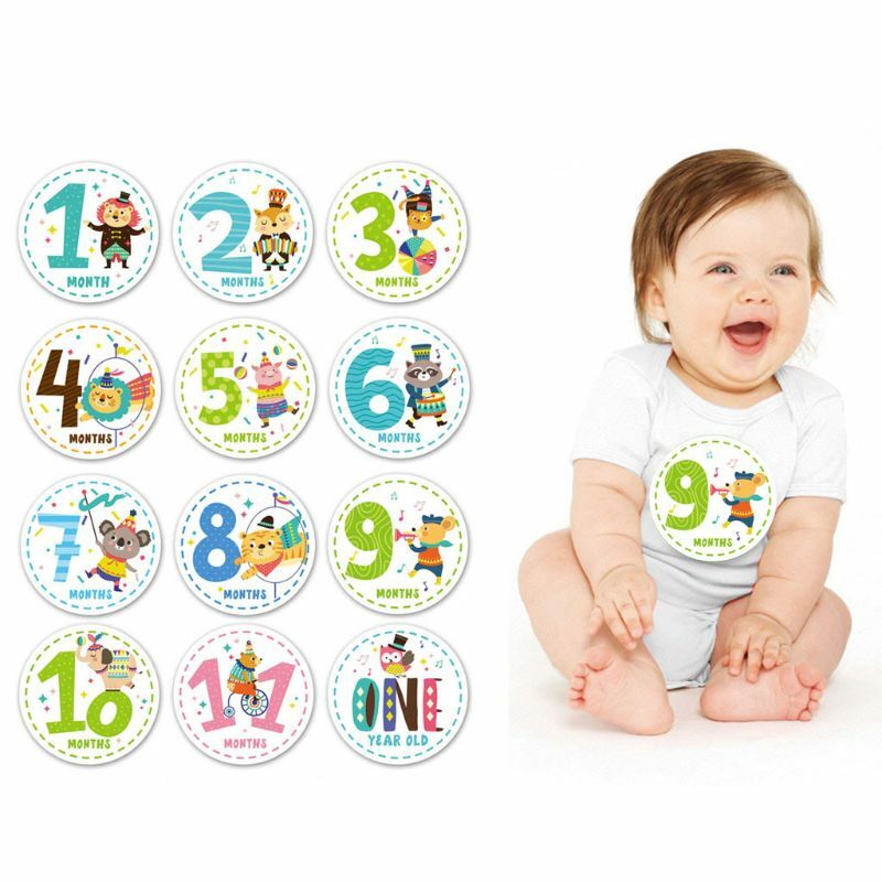 12 Buah Stiker Bulan Hewan Fotografi Bayi Kartu Peringatan Nomor Tonggak Peringatan Stiker Alat Peraga Foto Bayi Baru Lahir