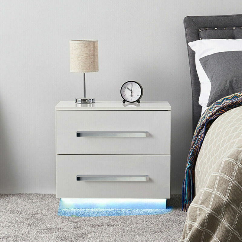 Meja Samping Tempat Tidur Modern dengan Lampu LED Gloss Tinggi, Kabinet Penyimpanan 2 Laci Meja Samping Ruang Tamu Meja Kamar Tidur