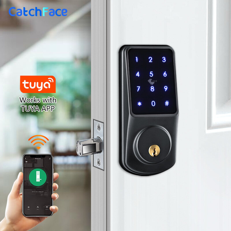 Cerradura electrónica para puerta de entrada sin llave, dispositivo de cierre con tarjeta IC, llave mecánica, mortaja para el hogar, WIFI, aplicación Tuya