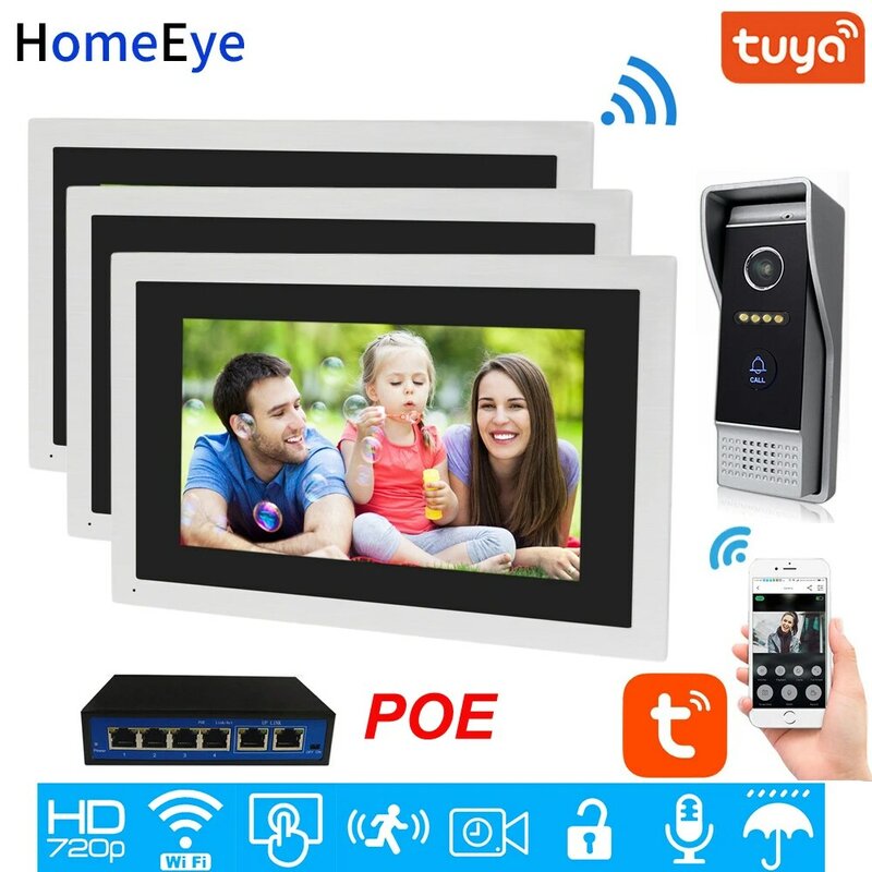 1080P HD 10 ''Touch Screen WiFi IP Video ประตูโทรศัพท์วิดีโอ Intercom 1-3บ้าน Access Control ระบบ TuyaSmart App ระยะไกล