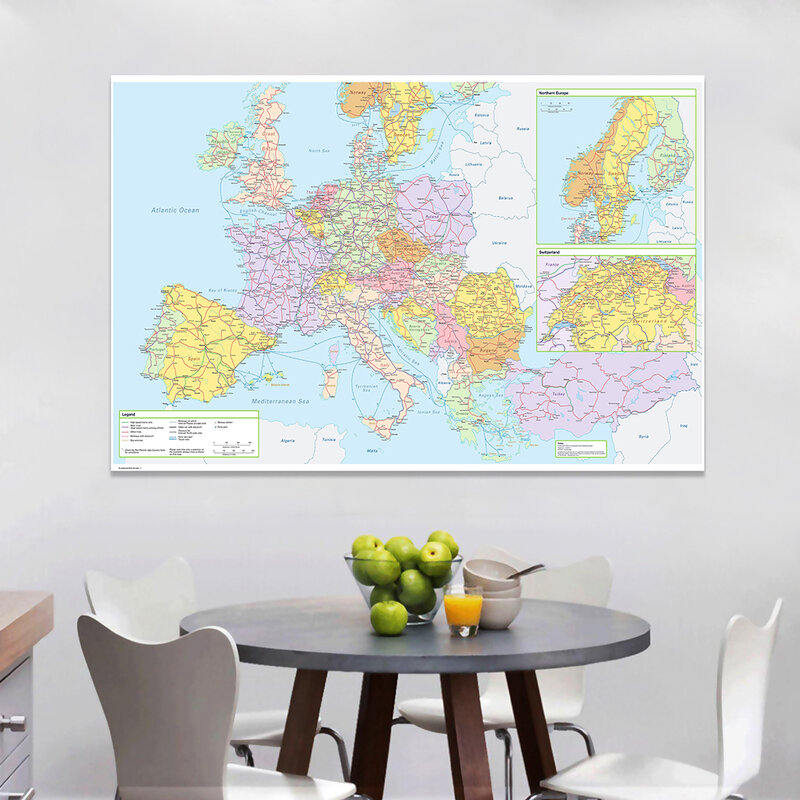 유럽 정치지도 교통 경로 지도, 대형 포스터 부직포 캔버스 그림, 학교 용품, 가정 장식, 225*150cm