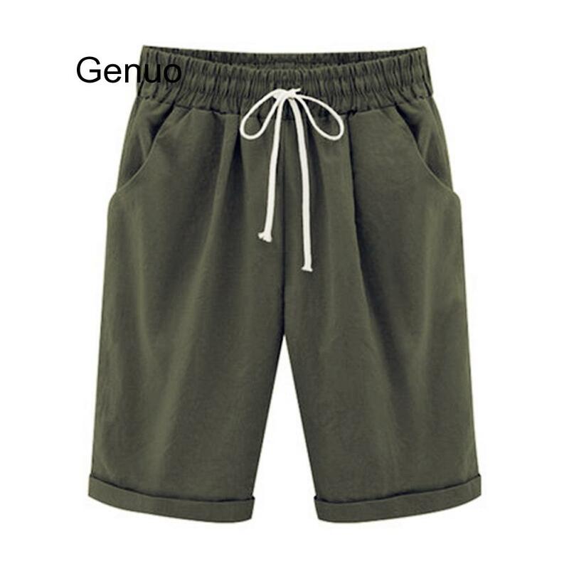 Pantalones cortos de lino y algodón para mujer, pantalón holgado, elástico, con cordón, S-8XL