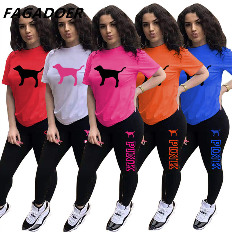 Różowy list drukuj krótkie rękawy Tshirt topy + spodnie Casual dwuczęściowy zestaw letnie kobiety dresy Sport 2 sztuk stroje Streetwear