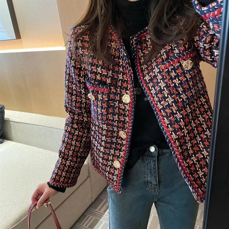 Elegant Weave Plaid Women Blazer Pocket Plus Velvet Winter Causal Tweed Coat Office Ladies Suit Jacket