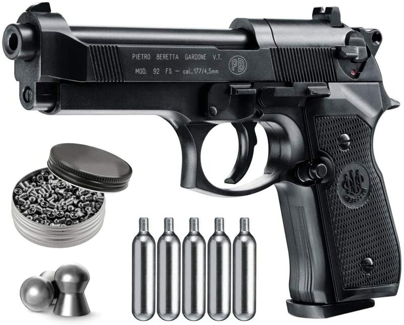 Пневматический пистолет Beretta M92FS с резервуарами CO2 5x12 и комплектом свинцовых гранул 500 карат, металлический настенный знак