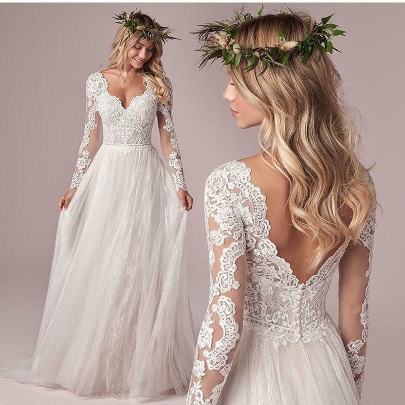 Богемное свадебное платье Lsyx с длинным рукавом для женщин, корсет с низкой спинкой, длина в пол, искусственное шифоновое свадебное платье