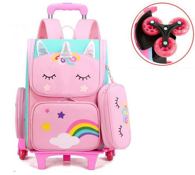Комплект из рюкзака на колесиках для девочек, школьный ранец на колесиках для детей