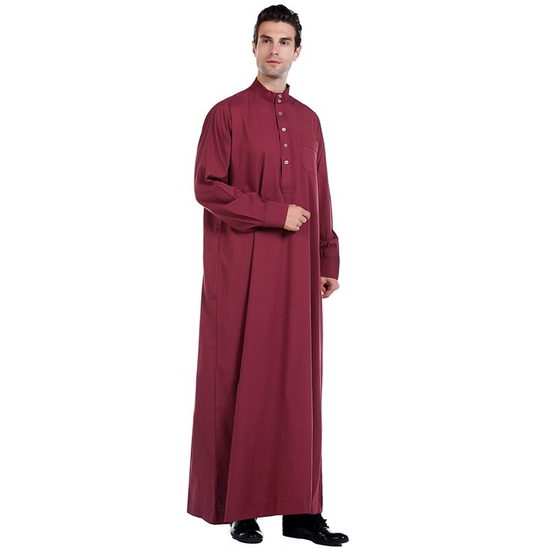 Men กาตาร์มุสลิมโมร็อกโกสไตล์อิสลามสีดำผ้าลินินผ้าฝ้ายลินินแขนยาว Stand-Up Collar Plus ขนาด Arabian Robe ผู้ชายบูชา Robe