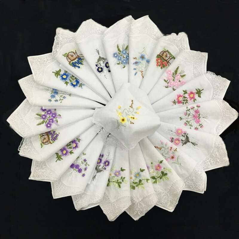 Pañuelos clásicos de algodón para mujer, toalla de bolsillo lavable con encaje bordado, 28x28cm, 12 unidades