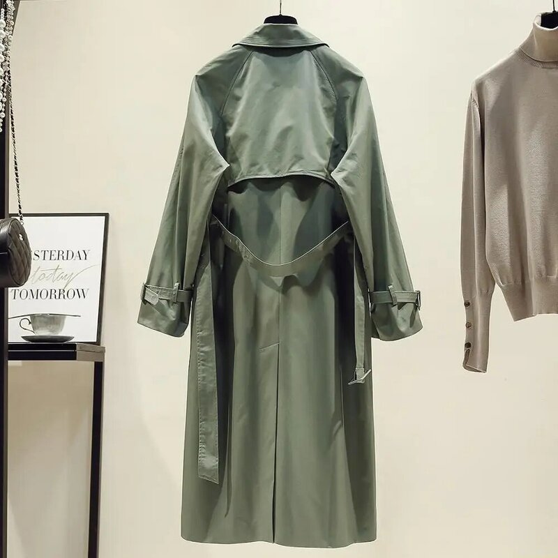 Fashion merek UK 2023 musim gugur/gugur kasual kancing dua baris sederhana klasik Panjang mantel dengan sabuk Chic jaket wanita