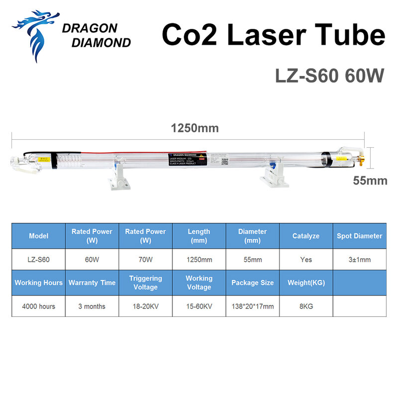 التنين الماس 60 واط CO2 ليزر أنبوب طول 1250 مللي متر Dia.55mm المعادن رئيس زجاج الأنابيب لآلة ليزر CO2
