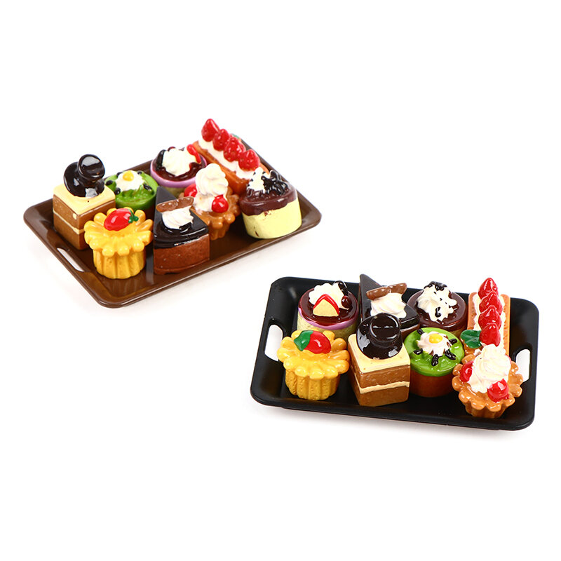 1Set Creative New 1/12 Dollhouse Miniature 1tray+8 cakes Model Kitchen Food Accessories For Doll House Decor Kids Toys