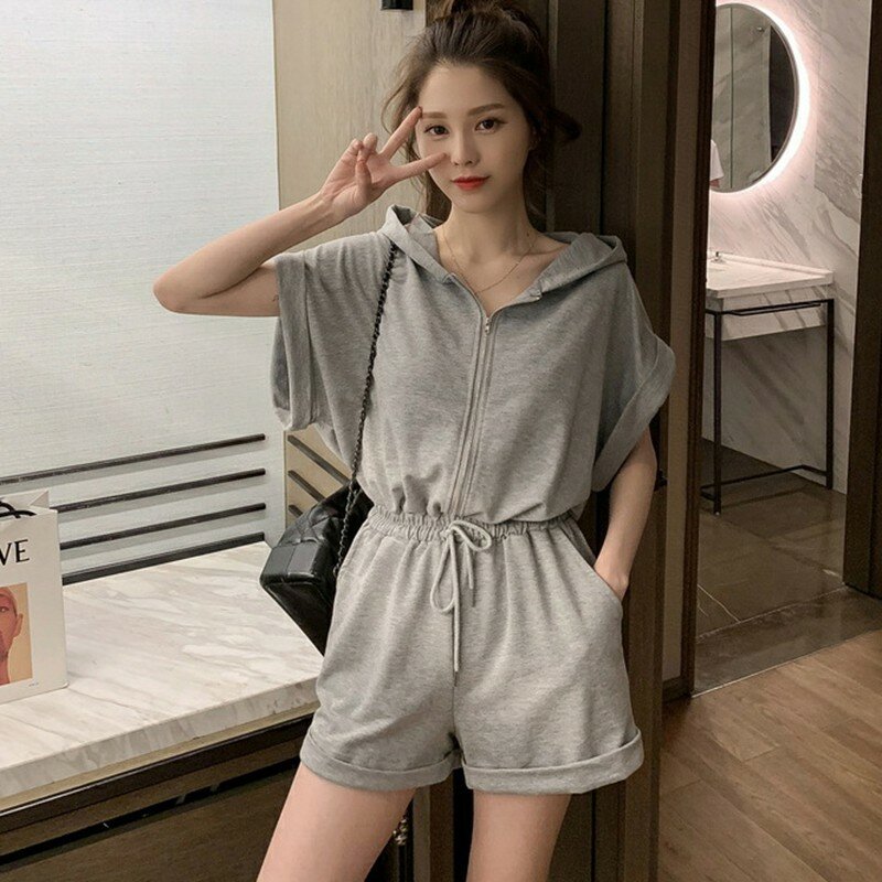playsuits Women's fashion Korean summer casual solid color one-piece waist short-sleeved hooded sweater playsuits