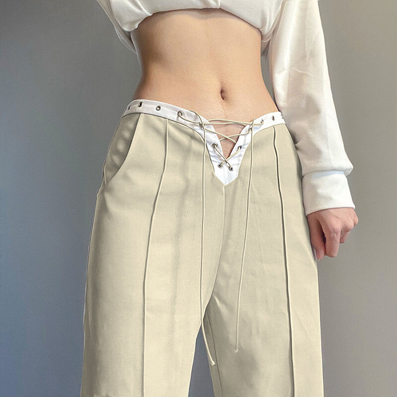 Pantalones de pierna ancha para mujer, Pantalón liso de cintura alta, holgado e informal, con cordones, para primavera y otoño, 2022