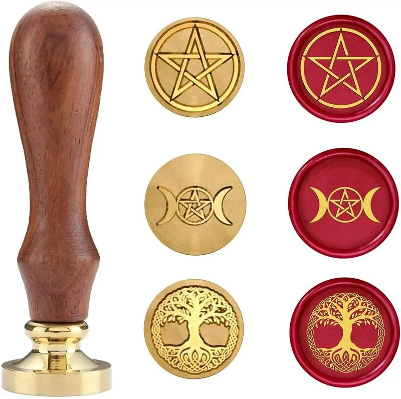 Sello de sello de cera, sellos de cobre con hilera de madera, sello de cera wiccan (Triple Luna, pentagrama y árbol de la vida)