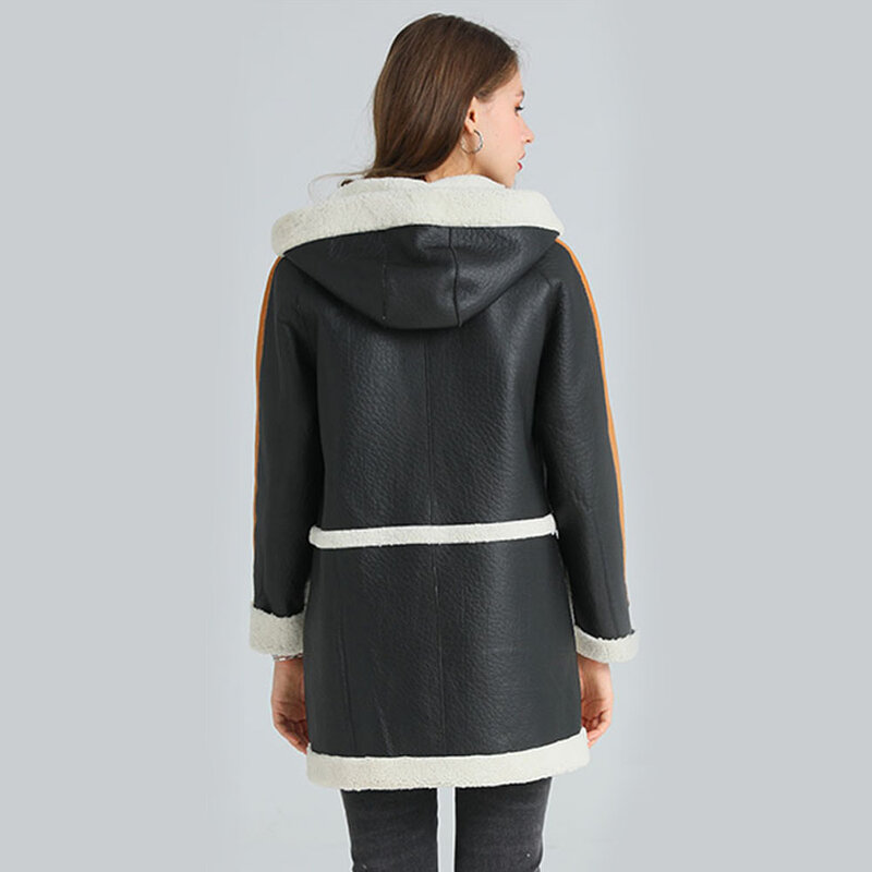 Женское длинное пальто из натуральной овечьей кожи, с капюшоном