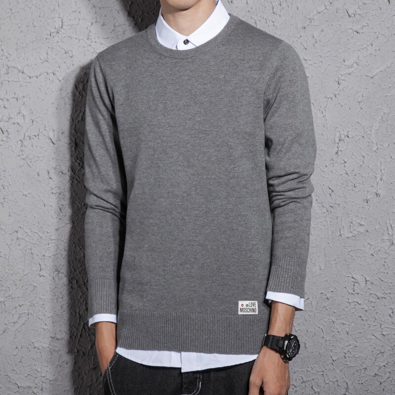 Spring and Autumn New Men's Cotton Sweater Men's Slim Sweater Solid Color Round Neck Sweater Men