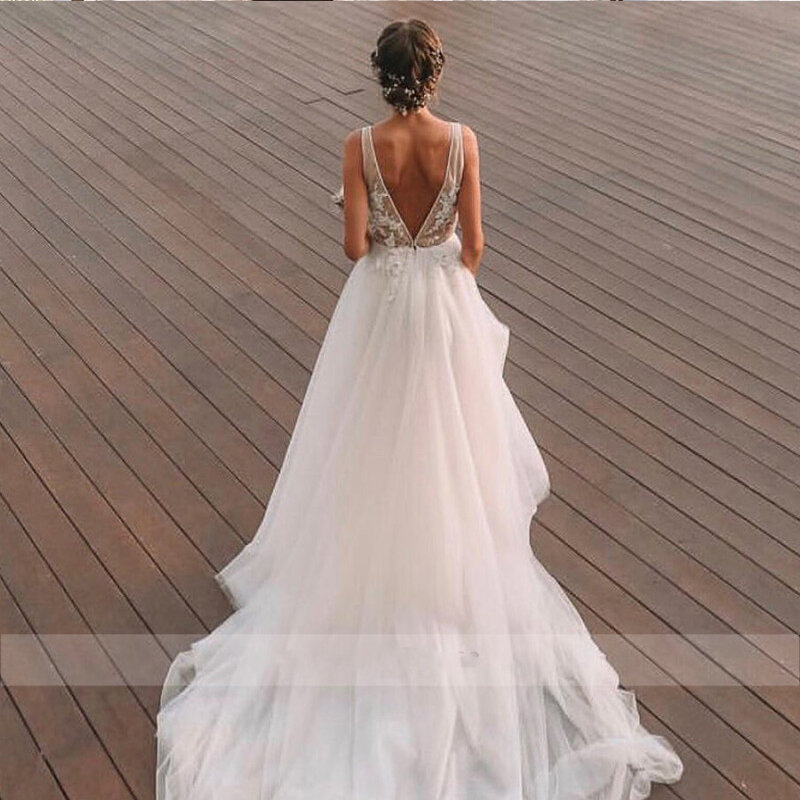 LSYX-Vestido de Noiva Branco A-Line, Custom Made, Decote em V, Contas, Spaghetti Straps, Backless, Vestido De Noiva, Robe Nupcial, Casamento