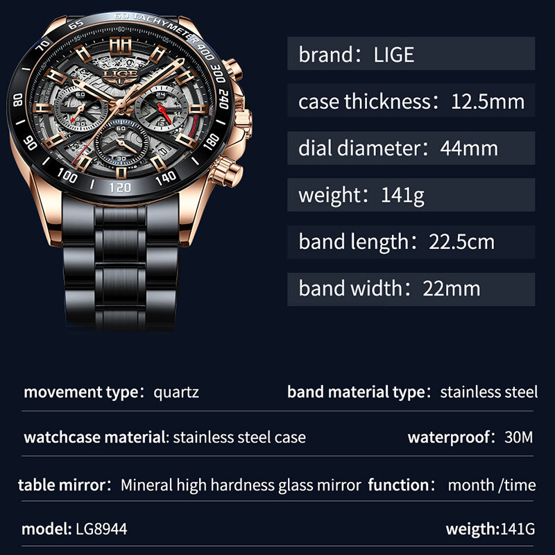 Часы наручные LIGE мужские спортивные, брендовые Роскошные водонепроницаемые с хронографом, из нержавеющей стали, с датой, 2023