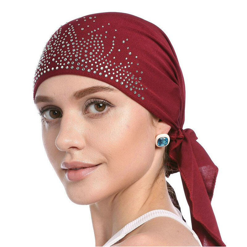 2020 Cappello Velo Sottile Estate di modo Musulmano Interno Hijab Berretti di Colore Solido Diamante Turbante per le donne Cofano India Headwrap Cappelli