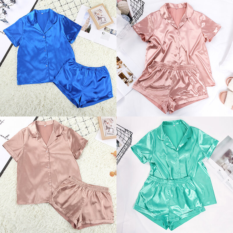 Suphis-camisola de cetim com shorts femininos, pijama de seda, manga curta, casual, roupas noturnas, 5 cores, verão