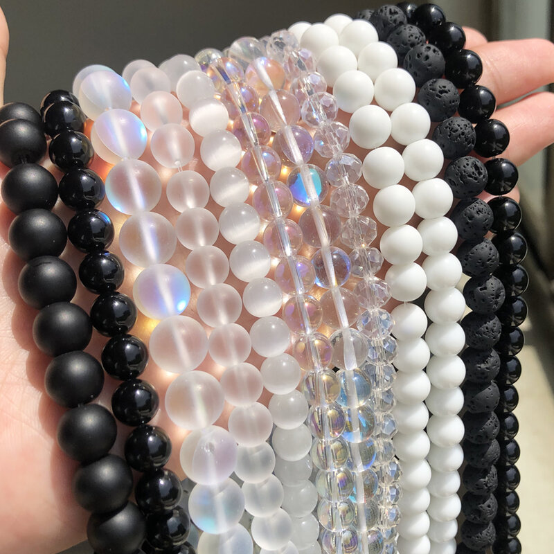 Perles rondes lisses en pierre naturelle, blanc, noir, agate, Onyx mat, pour la fabrication de bijoux, Bracelet, bricolage, 15 pouces, 4 à 12mm